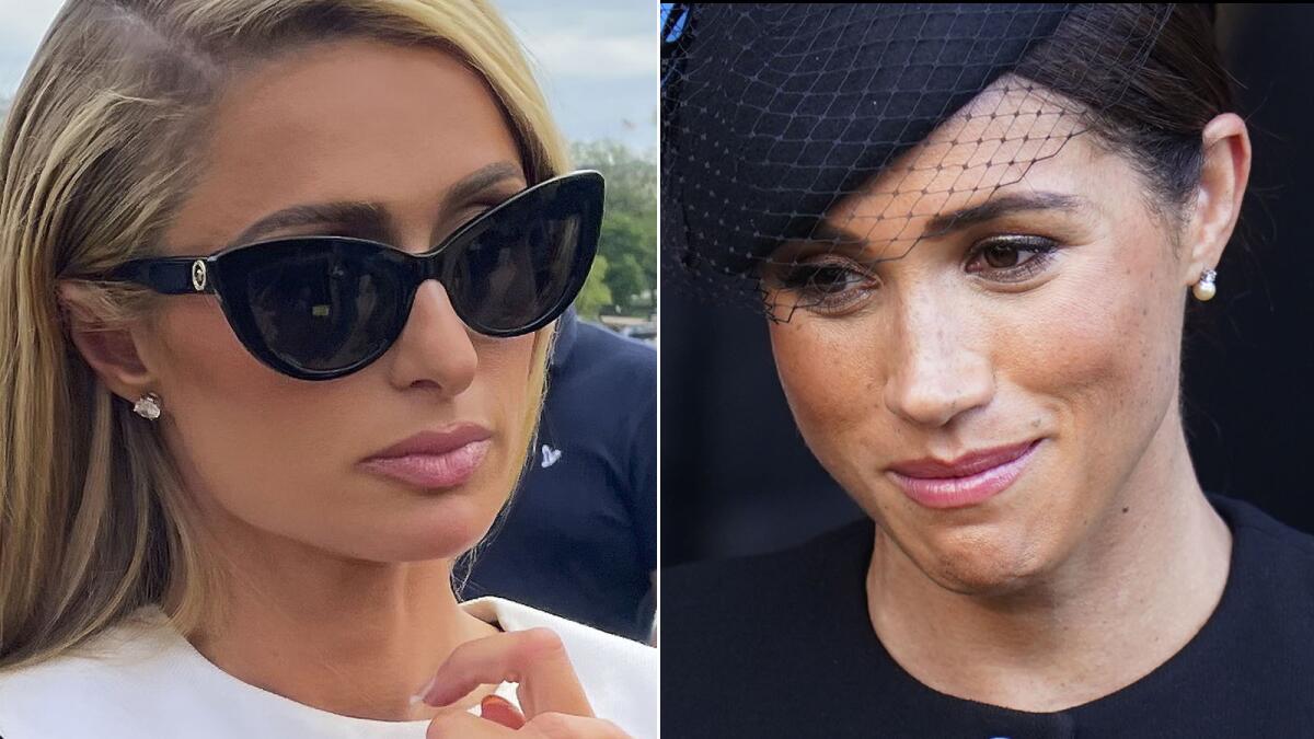 Two separate photos of a blond woman in dark sunglasses, left, and a brown-haired woman in a small hat