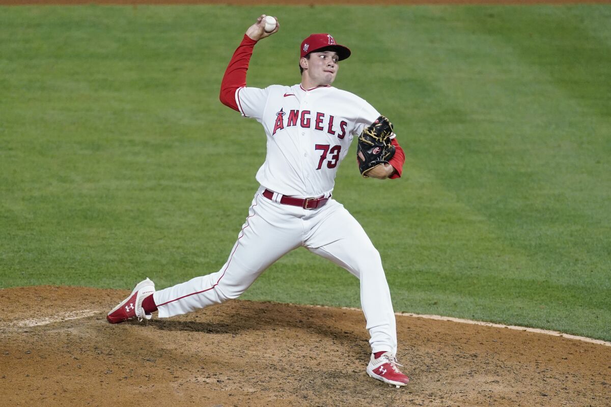 Los Angeles Angels relief pitcher Chris Rodriguez (73) throws during a baseball game.