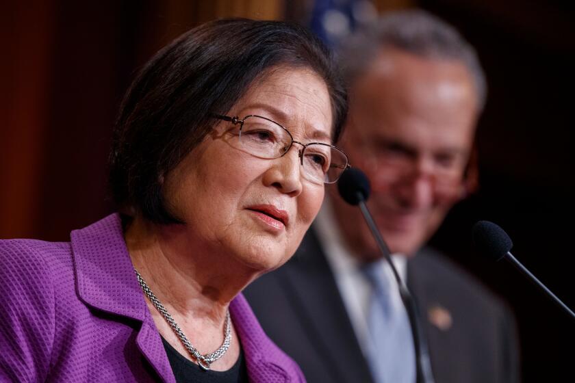 Mandatory Credit: Photo by MICHAEL REYNOLDS/EPA-EFE/REX (10537175h) Democratic Senator from Hawaii Mazie Hirono (L), with Senate Minority Leader Chuck Schumer, delivers remarks during a press conference in the US Capitol in Washington, DC, USA, 23 January 2020. The House impeachment managers will continue to make their case for removing President Trump during the second day of opening arguments in the impeachment trial of US President Donald J. Trump. Senate impeachment trial of US President Donald J. Trump, Washington, USA - 23 Jan 2020 ** Usable by LA, CT and MoD ONLY **