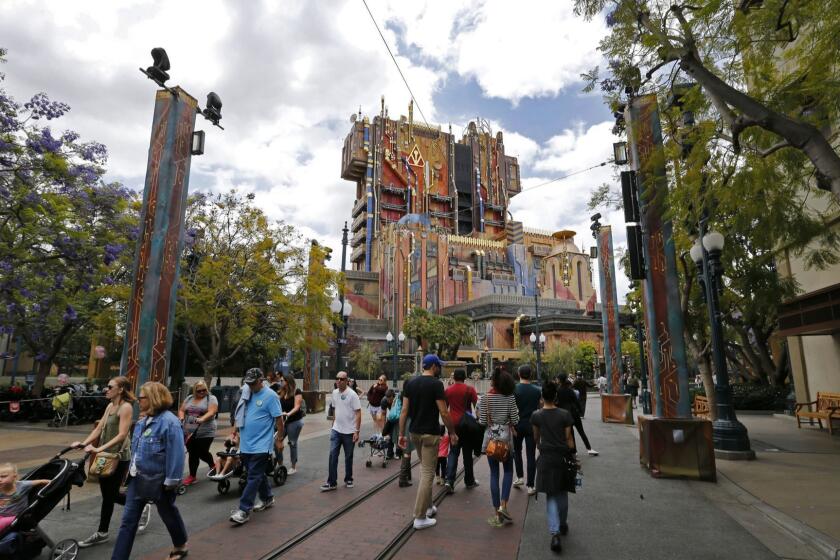 ANAHEIM, CALIF. -- WEDNESDAY, MAY 17, 2017: Exterior view of the Guardians of the Galaxy Mission Breakout ride in Anaheim, Calif., on May 17, 2017. (Allen J. Schaben / Los Angeles Times) WARNING*****ALL PHOTOS EMBARGOED INCLUDING ONLINE AND SOCIAL MEDIA UNTIL 12:01 a.m. PT, Thursday, May 25 *******