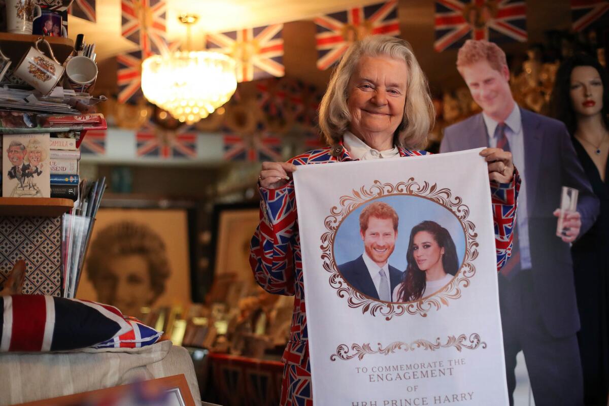 Royal fan Margaret Tyler shows memorabilia celebrating the forthcoming wedding of Prince Harry and Meghan Markle.