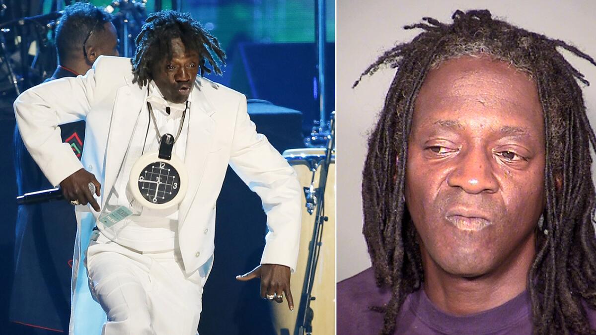 Flavor Flav performing during Public Enemy's induction into the Rock and Roll Hall of Fame in April 2013, left, and in a booking photo taken following his May 21 arrest in Las Vegas.