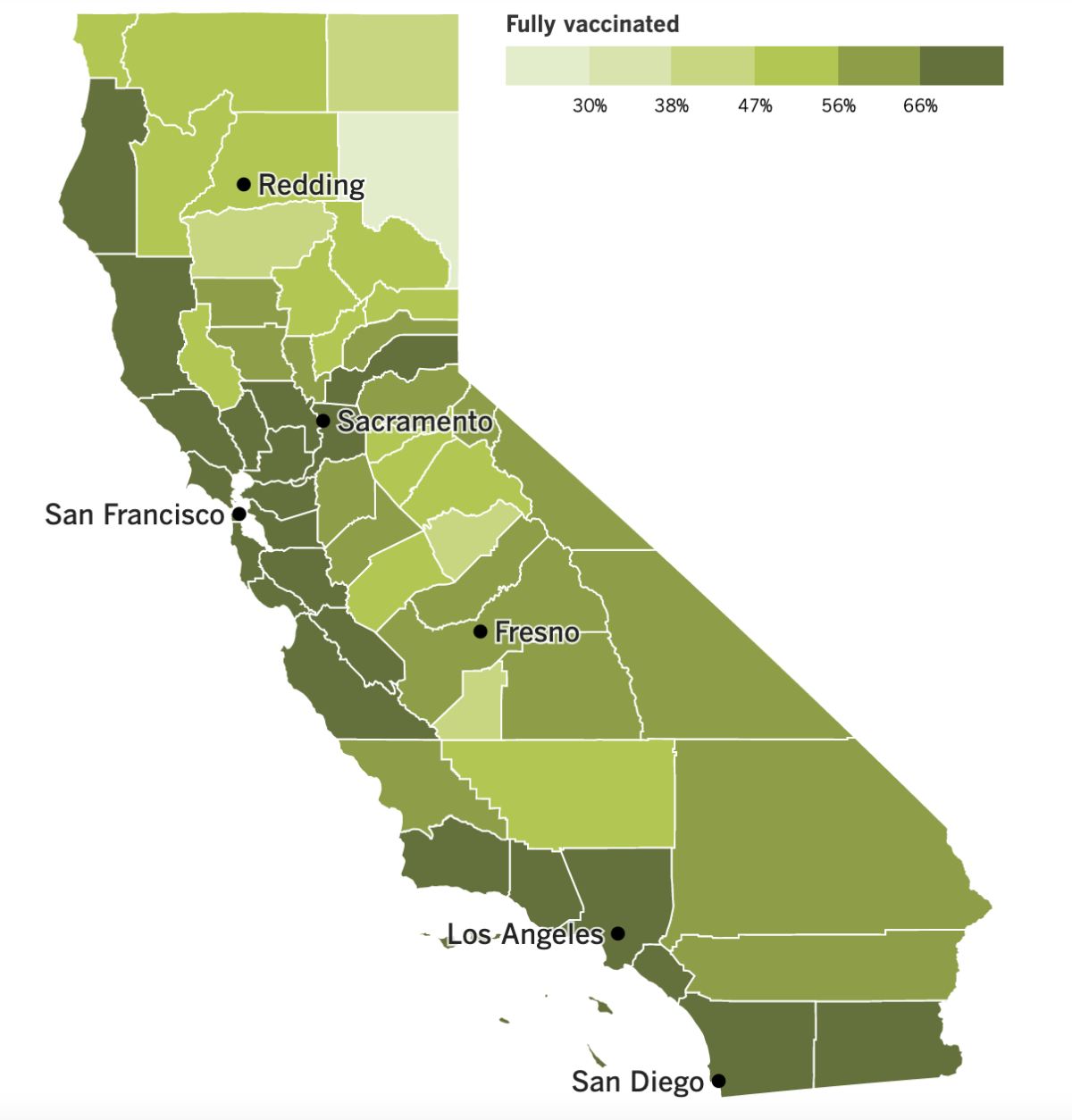 A map of California's COVID-19 vaccination progress by county as of Aug. 9, 2022.