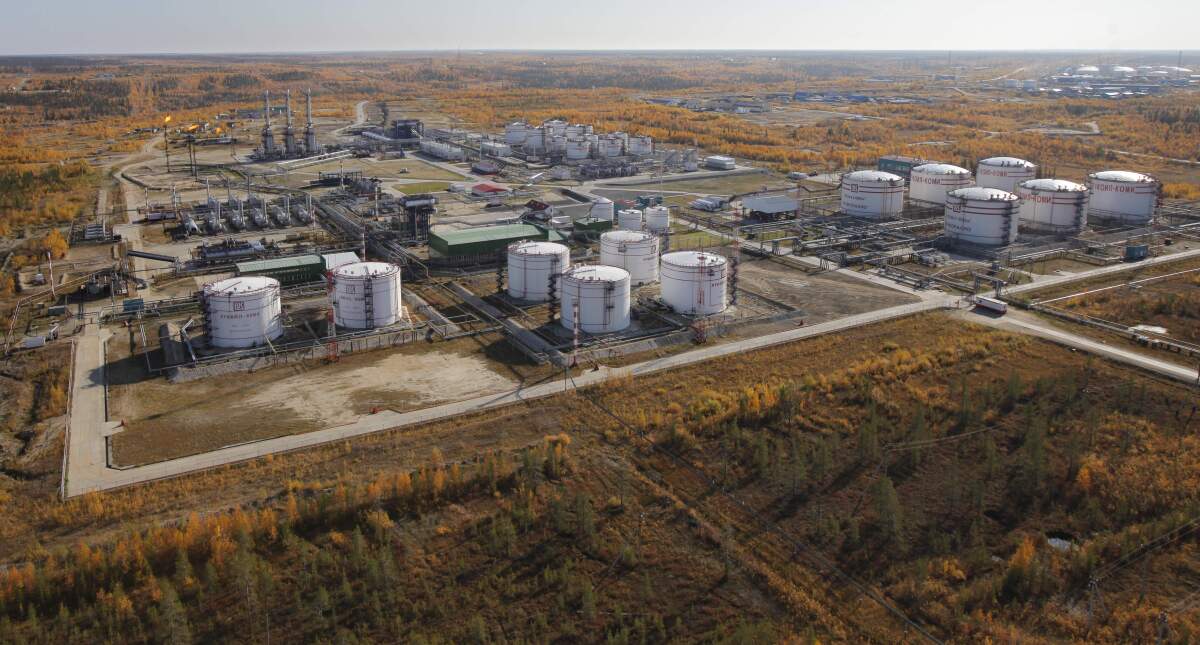 FILE- Oil storage tanks seen near the town of Usinsk, 1500 km (930 miles) northeast of Moscow, Russia, on Sept. 12, 2011. The action Thursday, April 7, 2022, by the U.S. House and Senate to revoke Moscow's “most favored nation" trade status, and ban oil imports, intensifies the U.S. response to Russia's invasion of Ukraine amid mounting reports of atrocities. (AP Photo/Dmitry Lovetsky, File)
