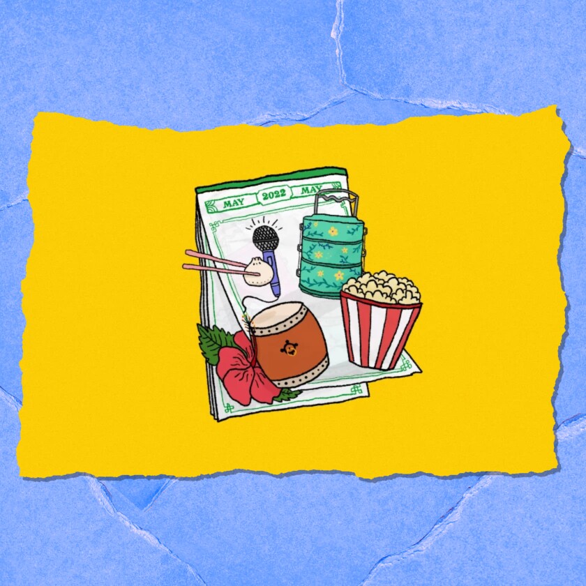 An illustration includes a calendar page, a bucket of popcorn, and a microphone.