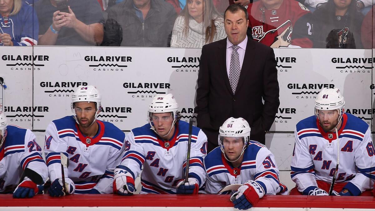 Alain Vigneault coaches the New York Rangers against the Arizona Coyotes on Friday.