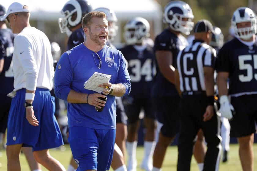 Rams head coach Sean McVay calls out between plays at the first day of the Los Angeles Rams training camp at UC Irvine on Saturday, July 27, 2019.