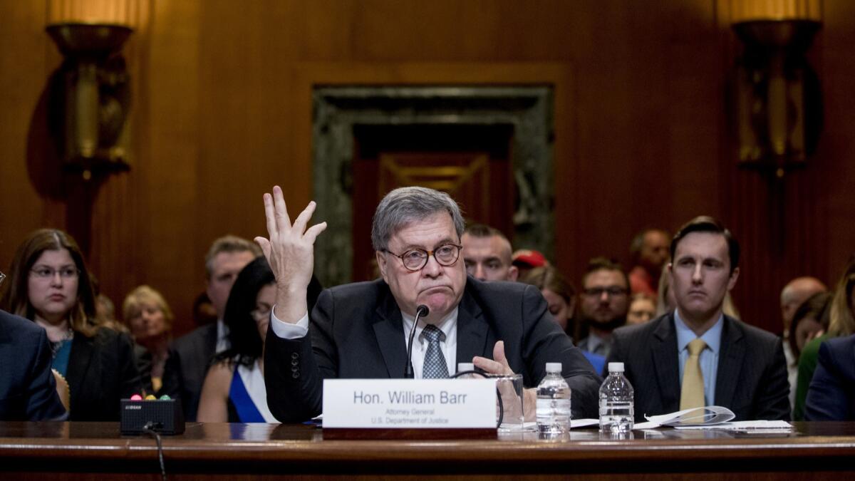 Attorney General William Barr appears before a Senate Appropriations subcommittee in Washington on April 10.