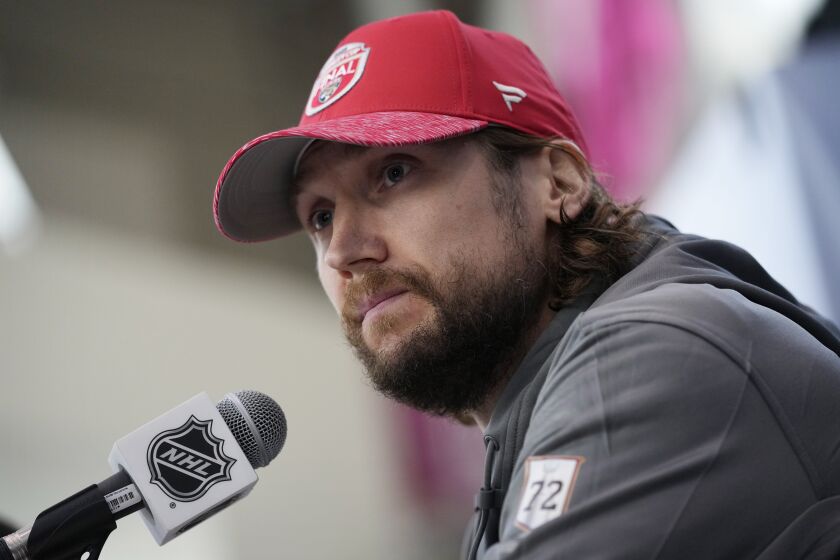Florida Panthers goaltender Sergei Bobrovsky (72) meets with members of the media during a media day ahead of the Stanley Cup hockey finals Friday, June 2, 2023, in Las Vegas. (AP Photo/John Locher)