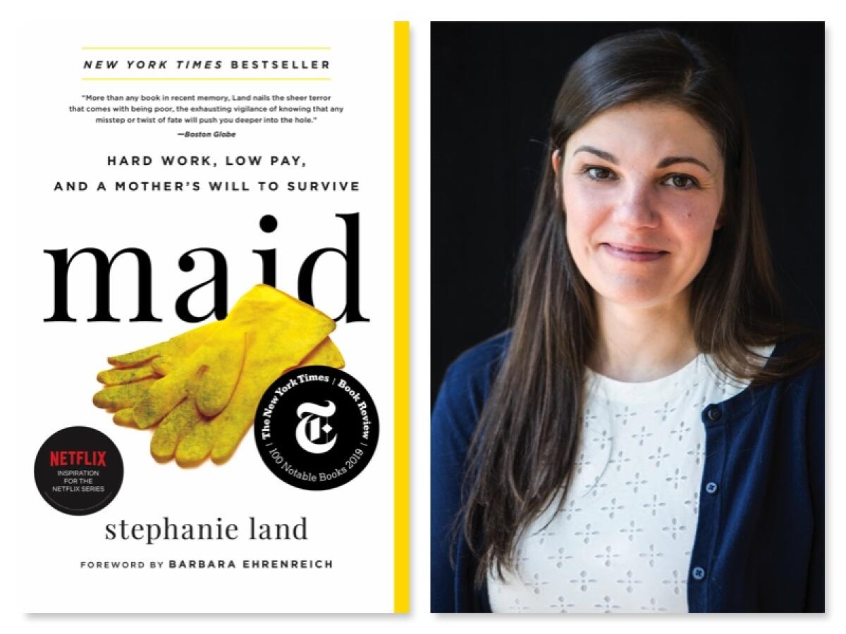 A photo of author Stephanie Land next to the book cover of "Maid."
