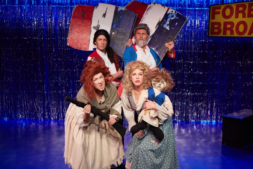 Cathy Barnett (counterclockwise from bottom left), Trisha Rapier, William Selby and Edward Staudenmayer in "Forbidden Broadway" at North Coast Rep.