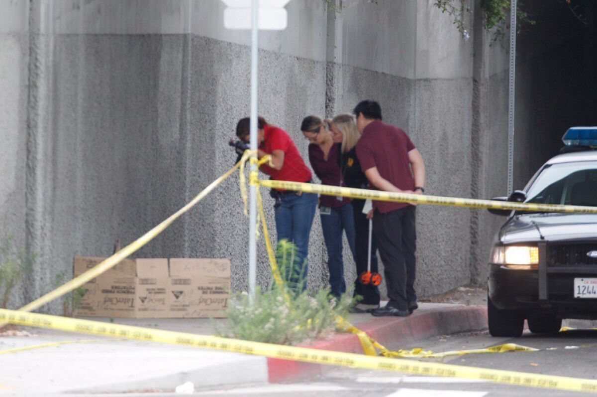 San Diego police investigators at the site under a freeway bridge in downtown San Diego where a homeless man was attacked Friday, July 15, 2016. — John Gibbins