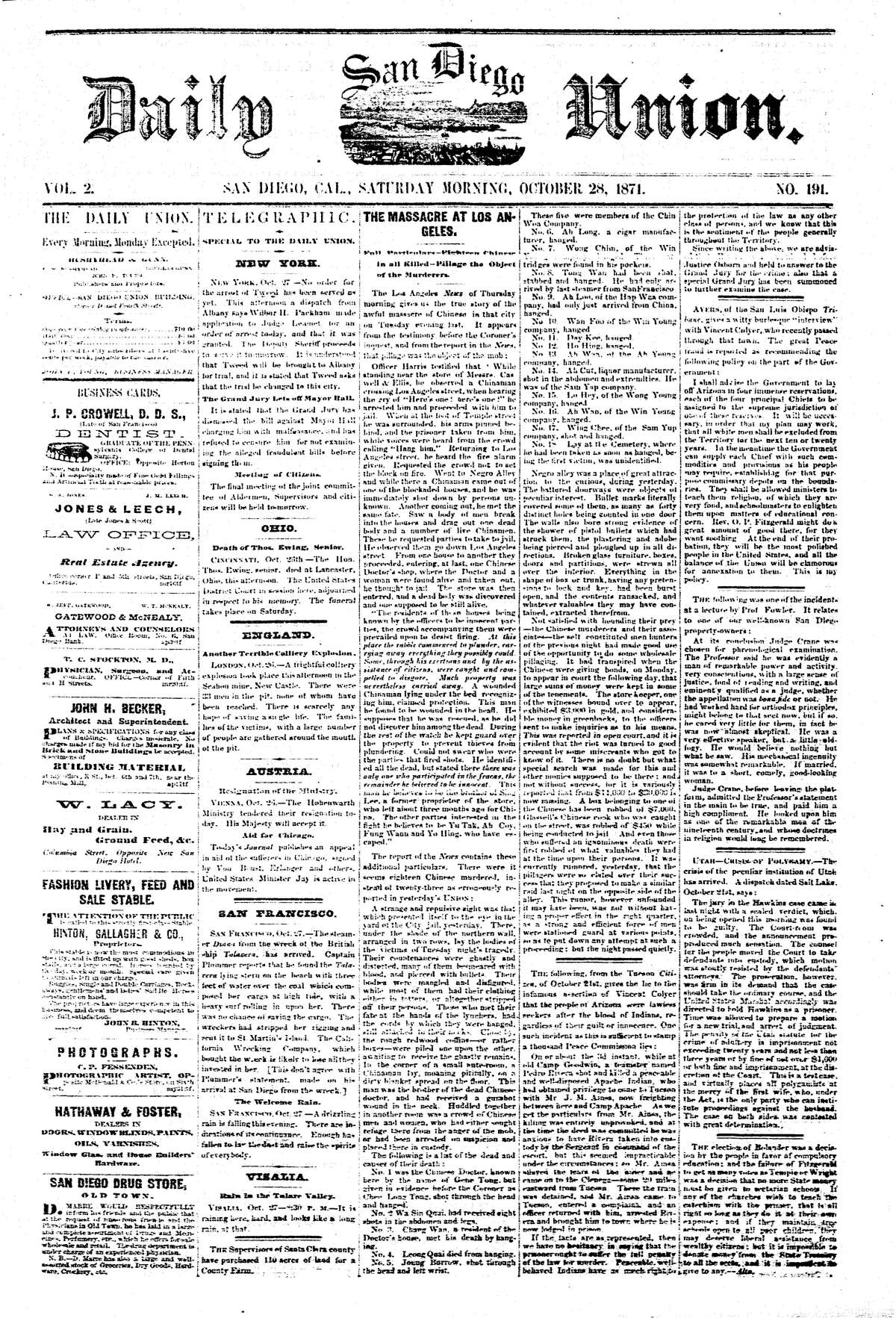 The front page of The Daily San Diego Union, Oct. 28,1871 