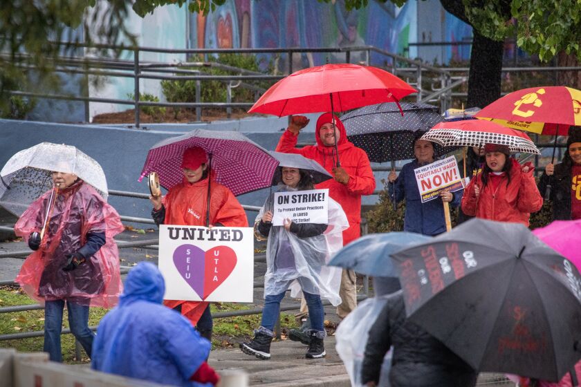 LAUSD employees strike in the rain in front of Farmdale Elementary School in El Sereno.