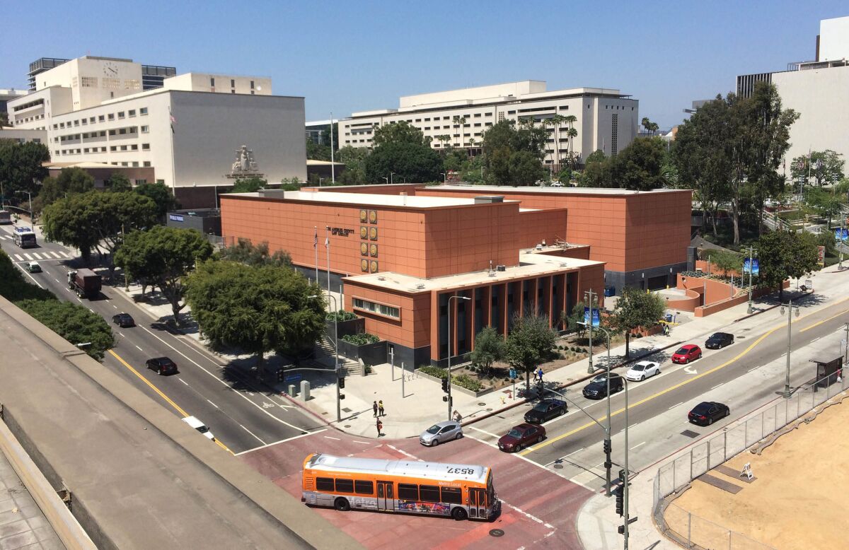Aug. 11, 2015: A more recent view of the L.A. County Law Library, as seen from the sixth floor of the former Times Mirror corporate building on the opposite corner of Broadway and 1st Street.