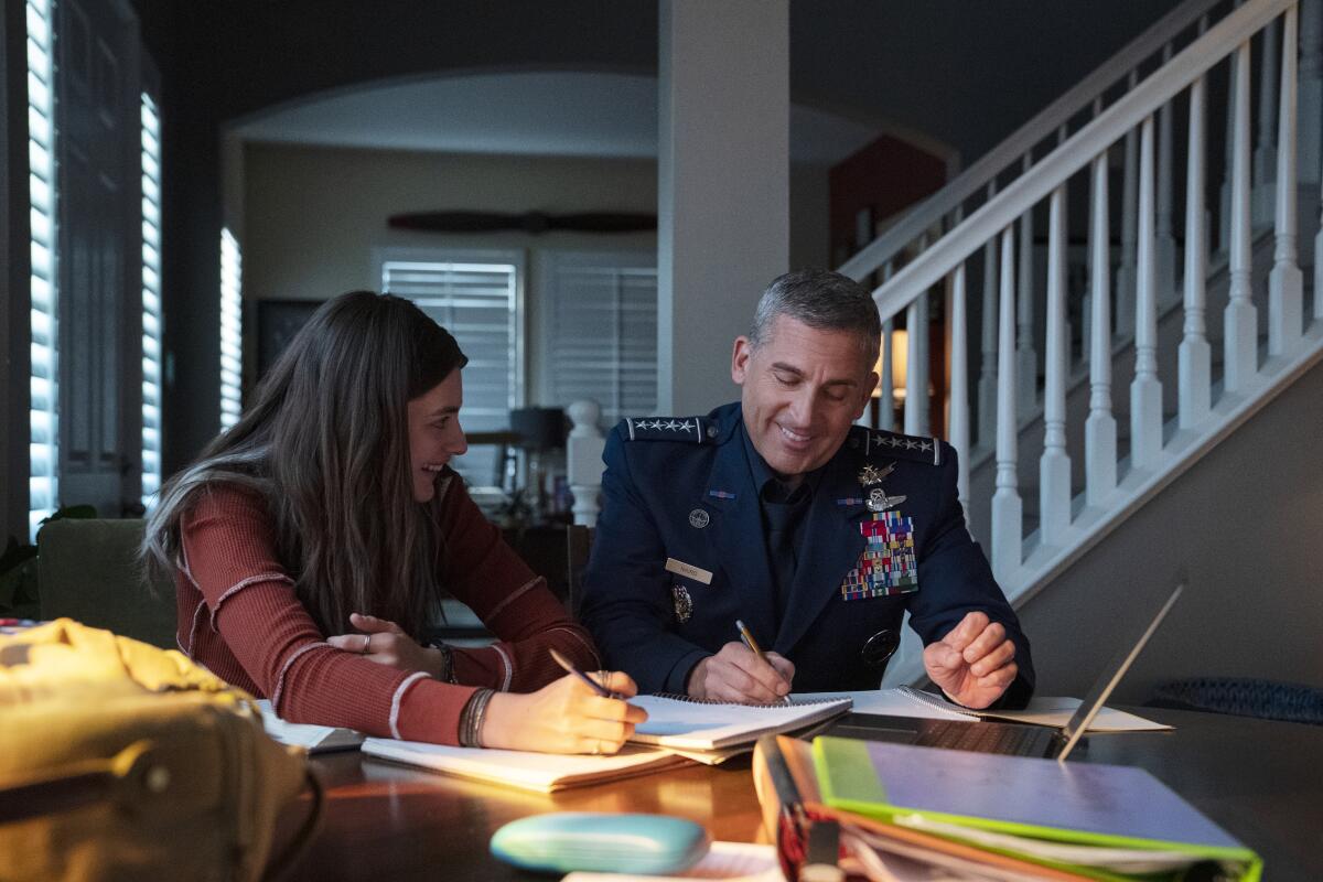Diana Silvers and Steve Carell play daughter and father in "Space Force."