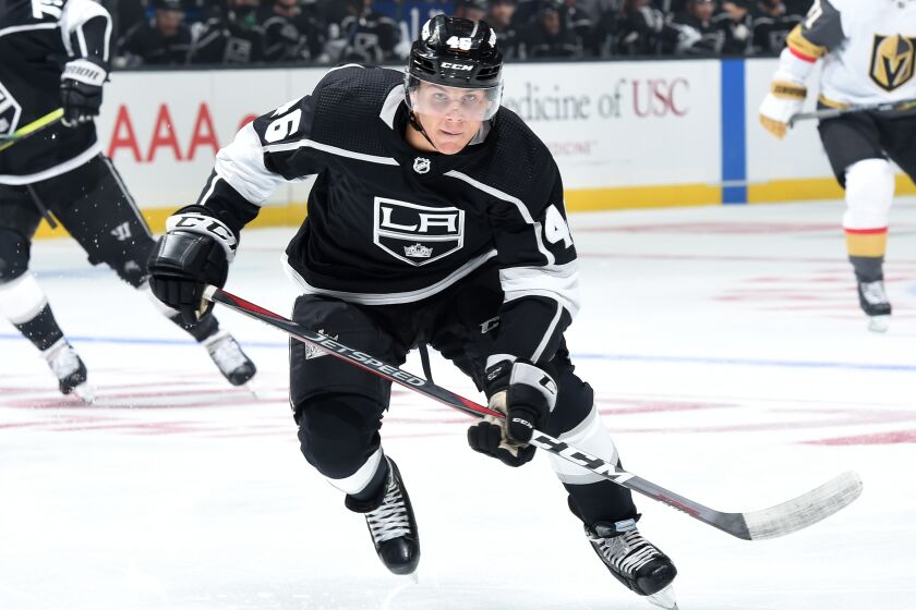 LOS ANGELES, CA - OCTOBER 13: Blake Lizotte #46 of the Los Angeles Kings skates against the Vegas Golden Knights during the first period of the game at STAPLES Center on October 13, 2019 in Los Angeles, California. (Photo by Juan Ocampo/NHLI via Getty Images)