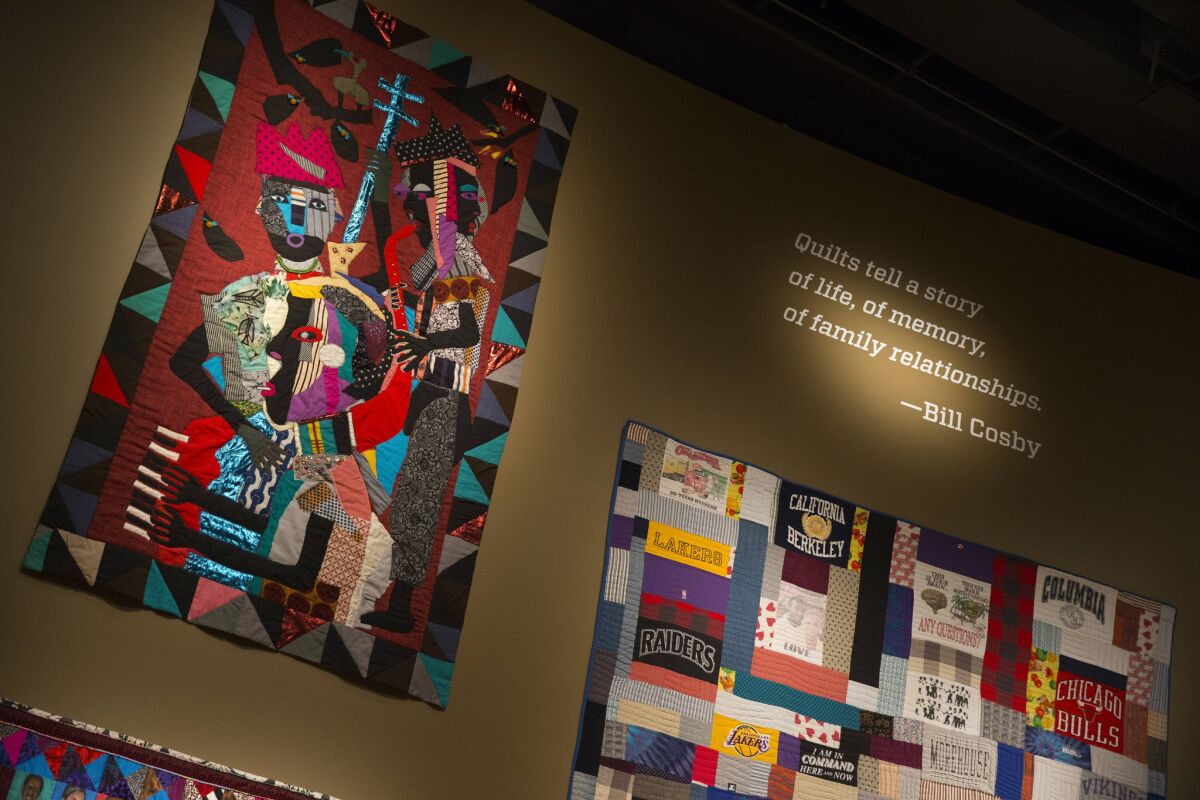 Quilts from the Bill and Camille Cosby collection hang at the Smithsonian's National Museum of African Art in Washington, D.C.
