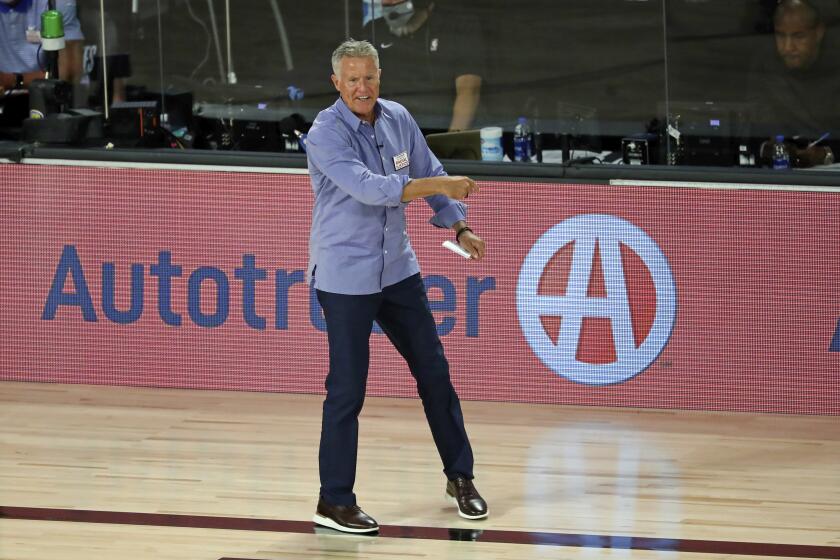 Philadelphia 76ers head coach Brett Brown reacts during the first half against the Boston Celtics of Game 3 of an NBA basketball first-round playoff series, Friday, Aug. 21, 2020, in Lake Buena Vista, Fla. (Kim Klement/Pool Photo via AP)