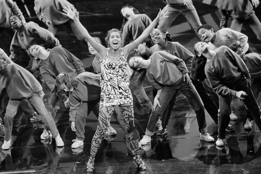 Singer Irene Cara, with the help of 44 dancers, performs the song, "Flashdance...What a Feeling", from the movie, "Flashdance", which won her an Oscar for Best Original Song at the 56th Annual Academy Awards in Los Angeles, Calif., April 9, 1984. (AP Photo)