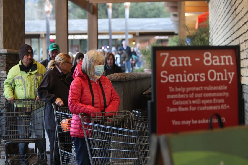 After the first wave of 40 seniors entered the store, many others waited to enter, 10 every five minutes or so, at GelsonOs in La Canada Flintridge, on Friday, March 20, 2020. The store policy now is only seniors 65 and older can shop from 7am to 8 am. About 150 seniors were in line by 7 am.