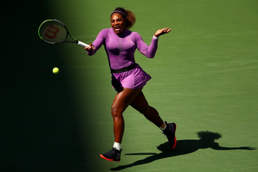 NEW YORK, NEW YORK - AUGUST 30: Serena Williams of the United States returns a shot during of her Women's Singles round three match against Karolina Muchova of the Czech Republic on day five of the 2019 US Open at the USTA Billie Jean King National Tennis Center on August 30, 2019 in Queens borough of New York City. (Photo by Clive Brunskill/Getty Images)