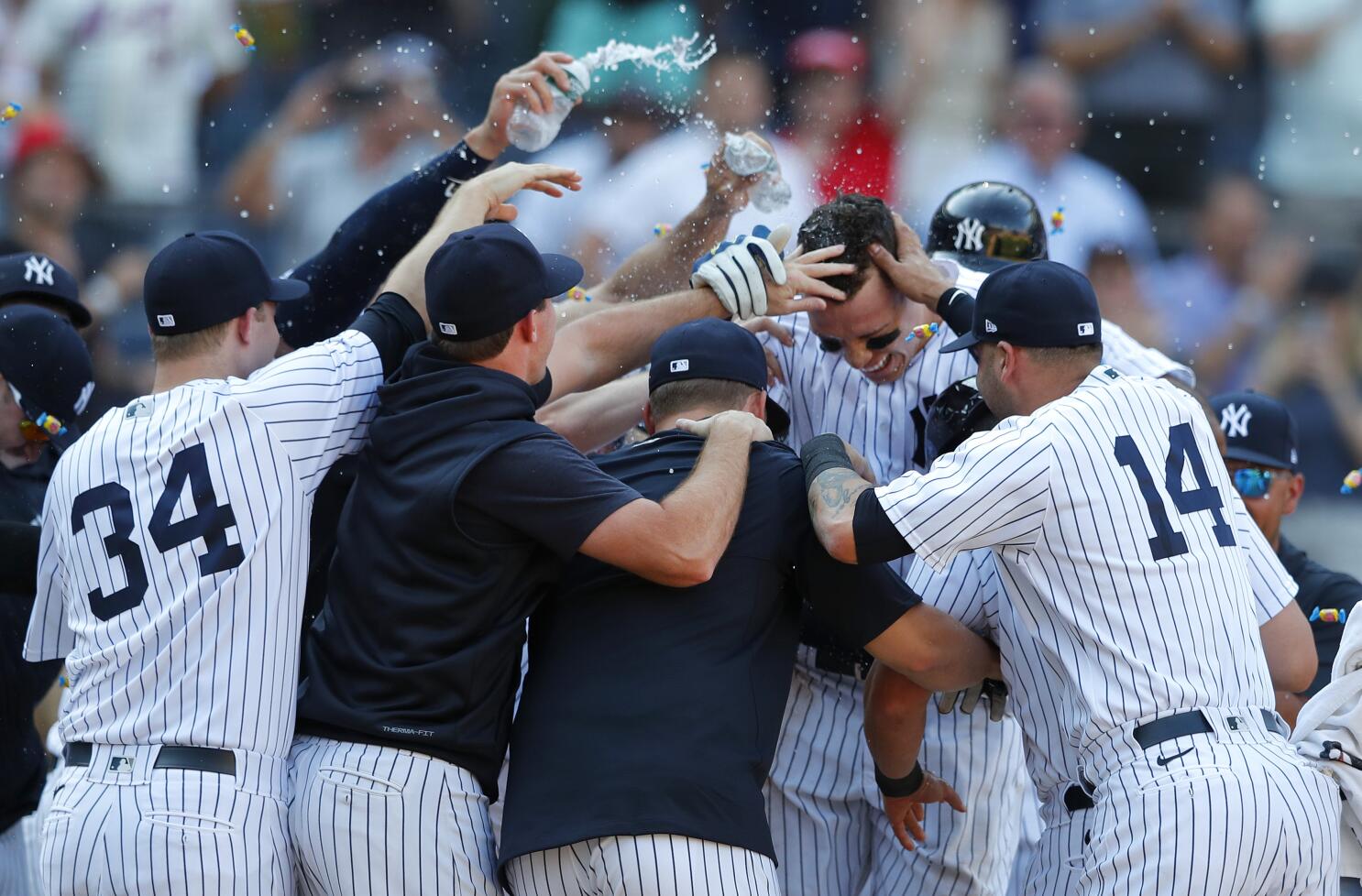 New York Yankees batter Aaron Judge celebrates in front of Houston