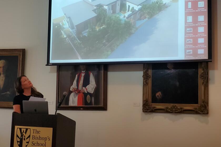Lauren Williams presents a rendering to the La Jolla Development Permit Review Committee of the planned house at 6432 El Camino Del Teatro in the Muirlands.