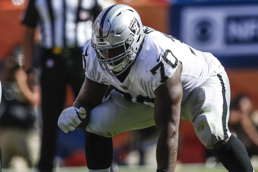 Oakland Raiders offensive tackle Kelechi Osemele (70) lines up against the Denver Broncos during the first half of an NFL football game, Sunday, Sept. 16, 2018, in Denver. (AP Photo/Jack Dempsey)