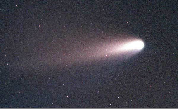 Discovered in 1995, Comet Hale-Bopp was at its brightest in April of 1997. It also inspired rumors of an alien ship that was supposed to follow in its path. This led one group, the Heaven's Gate cult, to participate in a mass suicide that left 39 members dead.