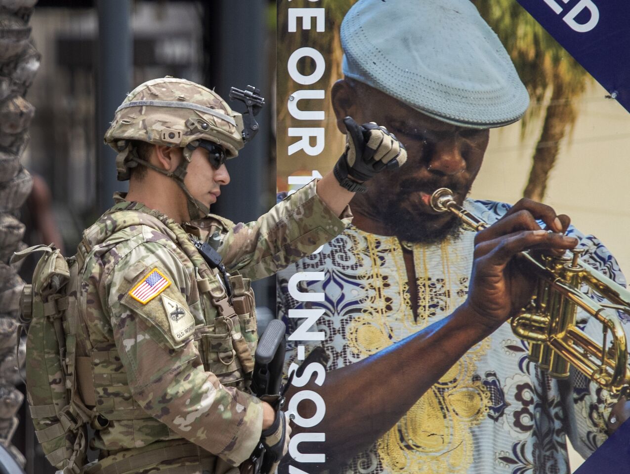 A California National Guard soldier acknowledges a supporter.