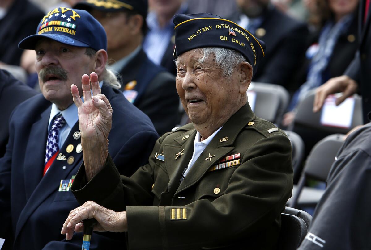 World War II veteran and El Monte resident Yoshito Fujimoto, who just turned 100, attends the Memorial Day ceremony at Los Angeles National Cemetery.