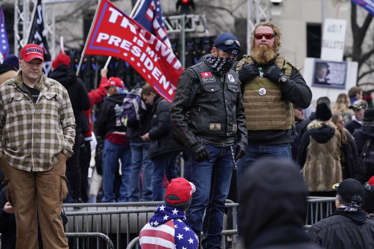 People attend a rally at Freedom Plaza Tuesday, Jan. 5, 2021, in Washington, in support of President Donald Trump. (AP Photo/Jacquelyn Martin)