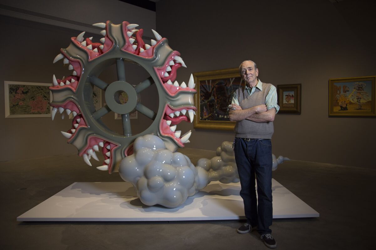 For decades, artist Robert Williams has seamlessly fused the high art of painting with bawdy imagery from the cultural underground. In a solo show at the L.A. Municipal Art Gallery, the artist displays his latest -- such as the toothy sculpture, "The Rapacious Wheel."