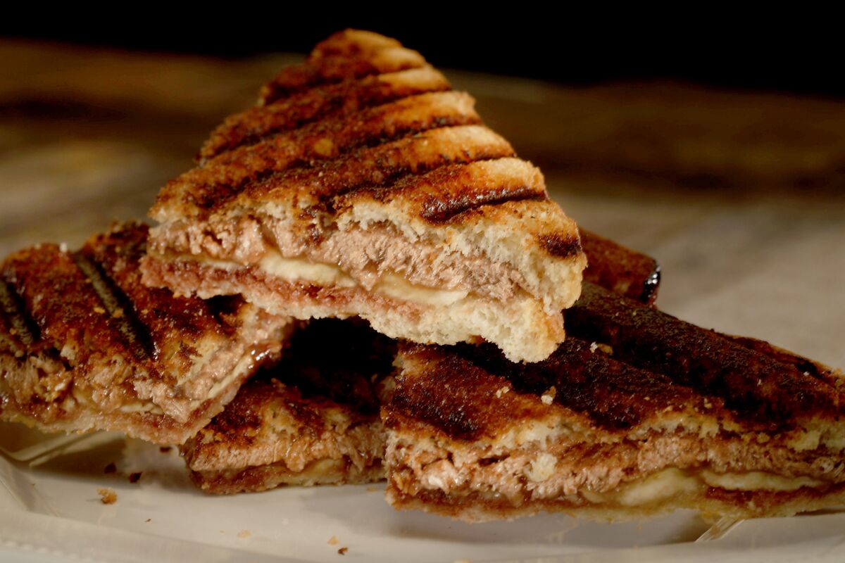 Halvah, banana, and date syrup panini (sort of a dessert sandwich.)