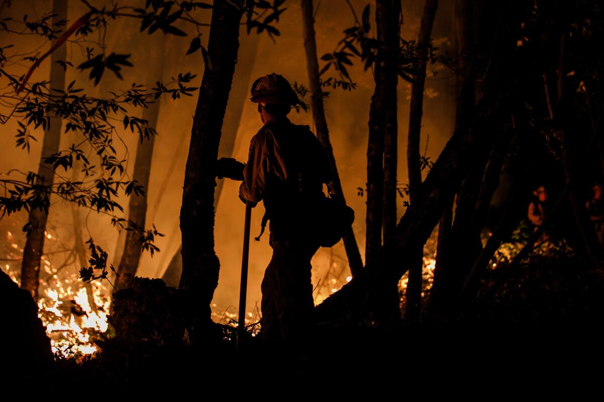 A firefighter works along Highway 29 north of Calistoga on Oct. 12.
