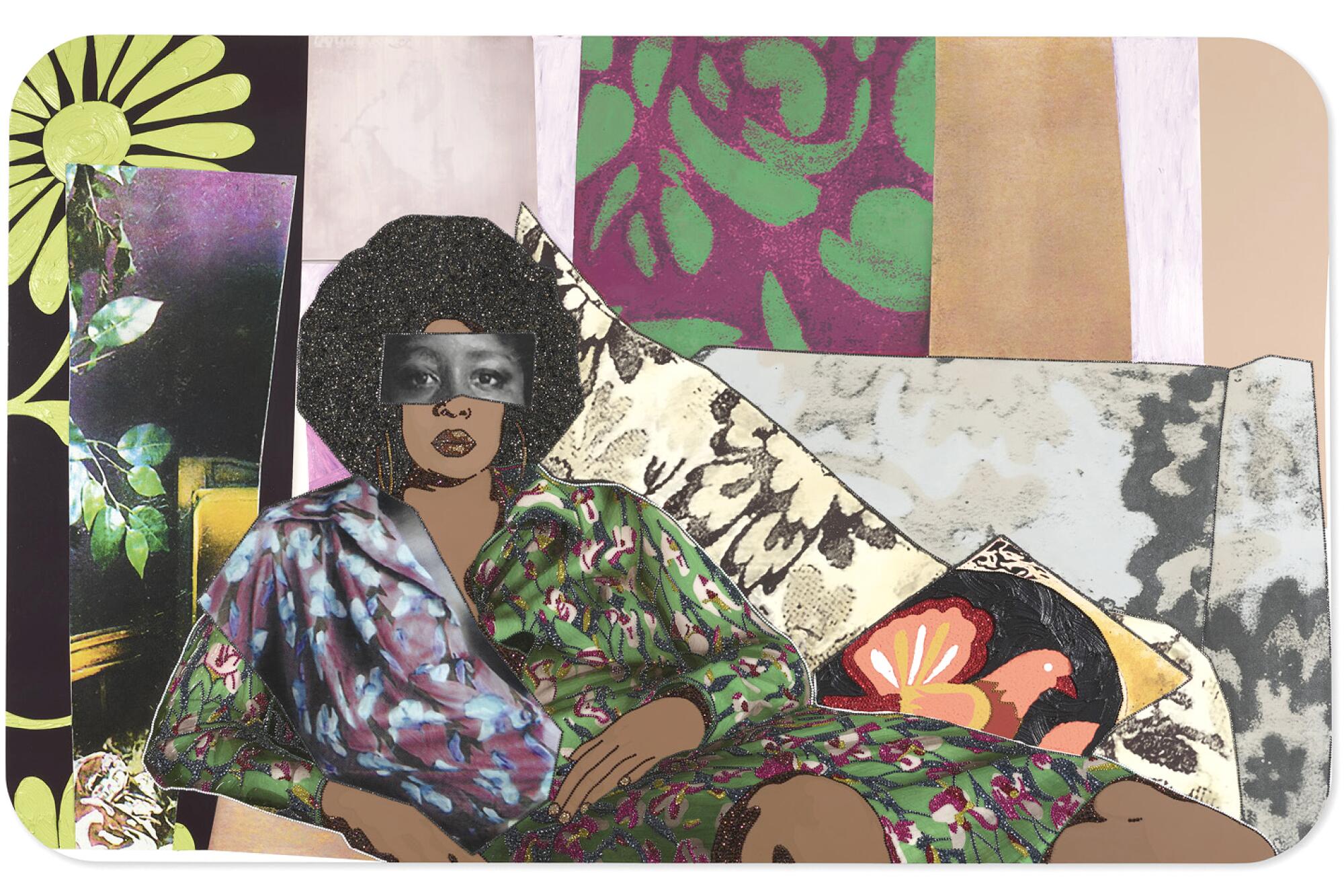 Mickalene Thomas, Afro Goddess Looking Forward 2015 Rhinestones, acrylic, and oil on wood panel 60 x 96 x 2 in. 