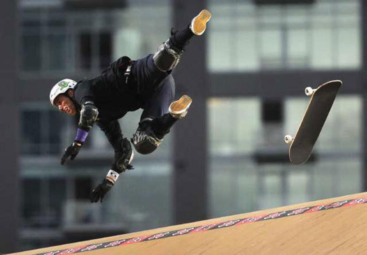 Bob Burnquist falls on his last jump but wins the gold medal in the Skateboard Big Air Final in the 17th X Games in 2011.