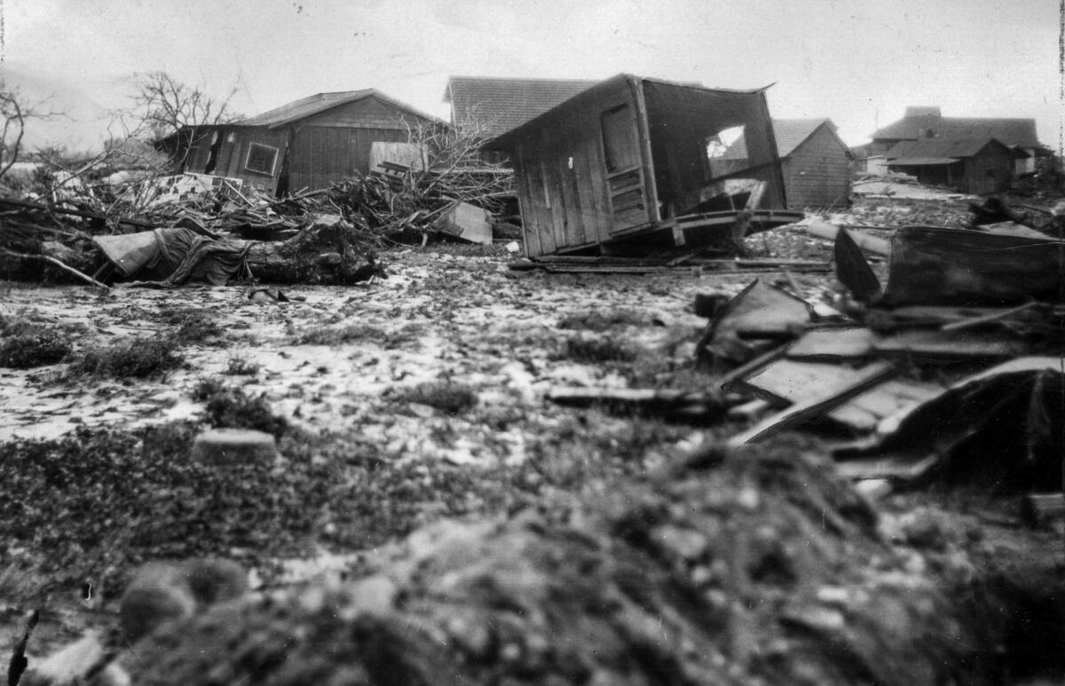 March 14, 1928: Remains of homes in Santa Paula following the collapse of the St. Francis Dam.