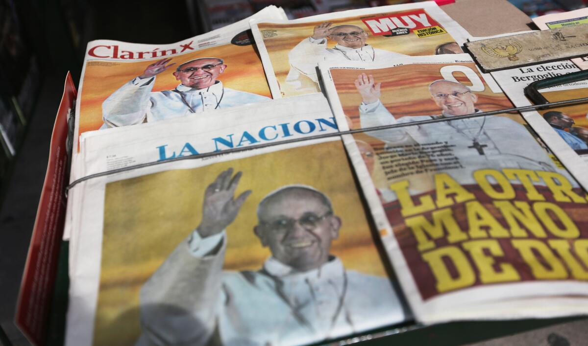 A newsstand in Buenos Aires displays copies of papers heralding the election of Pope Francis.