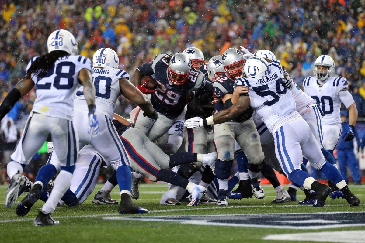New England running back LeGarrette Blount rushes for a touchdown against the Indianapolis Colts in the AFC championship game at Gillette Stadium on Jan. 18.