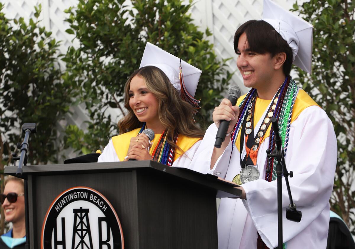 Jessica Flores and Kai Wong were the class speakers during the Huntington Beach High School commencement ceremony.