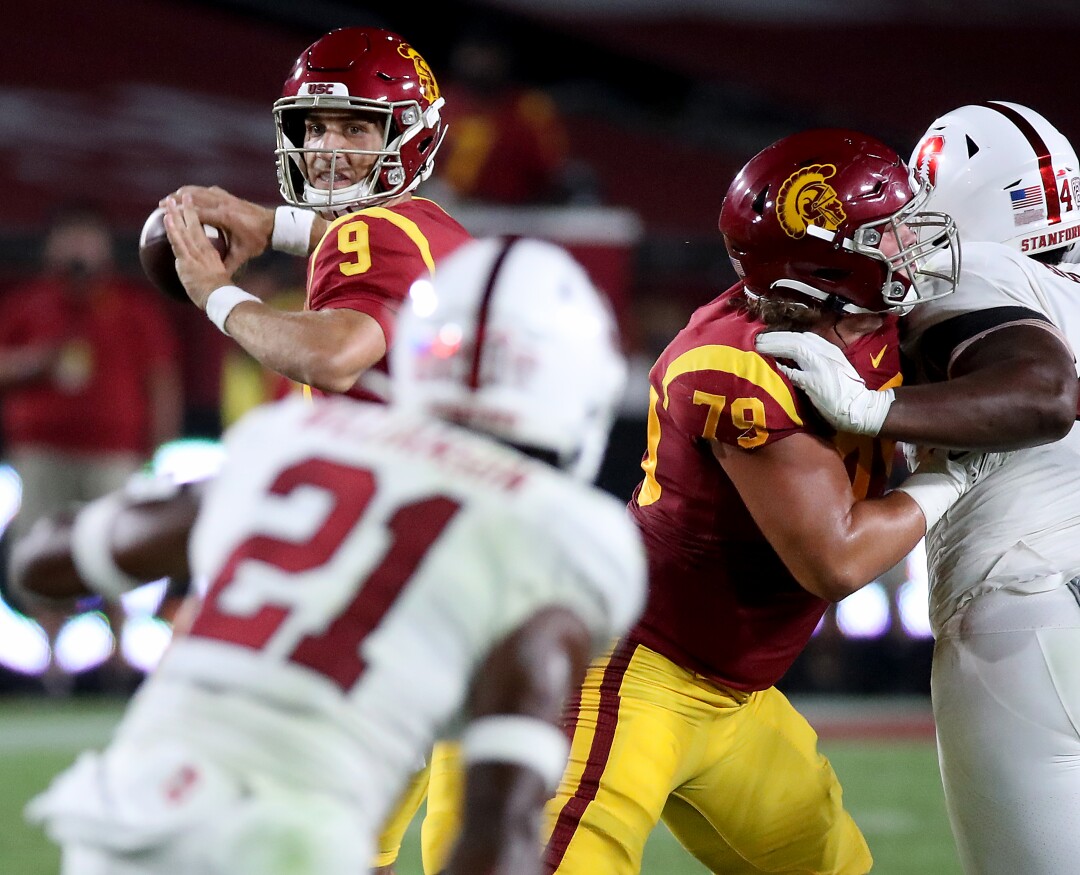USC quarterback Kedon Slovis looks to throw downfield against Stanford in the third quarter