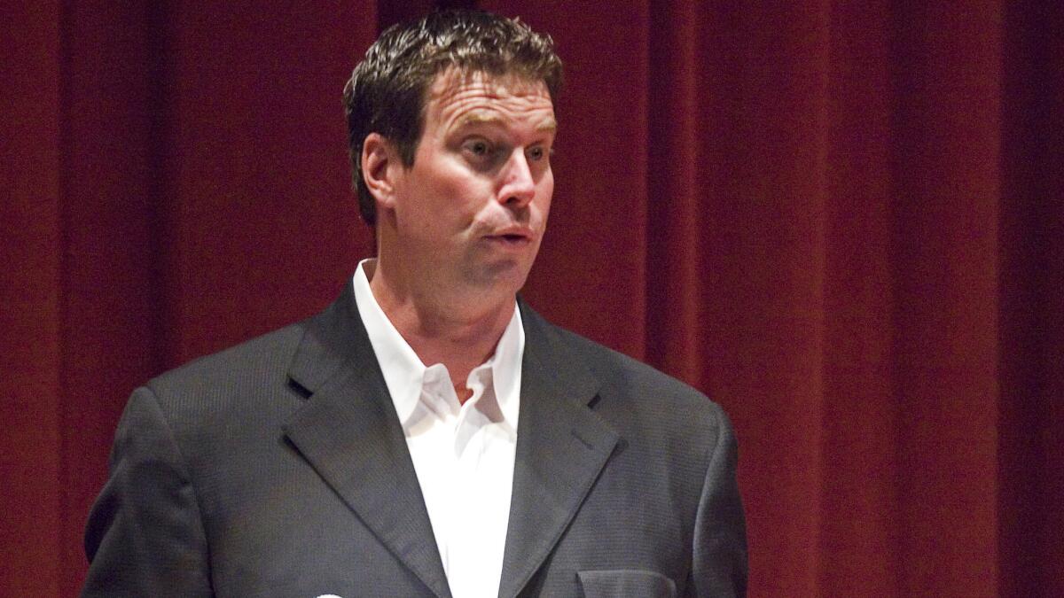 Former San Diego Chargers quarterback Ryan Leaf speaks on the campus of Washington State in Pullman, Wash., on Oct. 13, 2011. Leaf was recently released from prison following his 2012 conviction on burglary and drug charges.