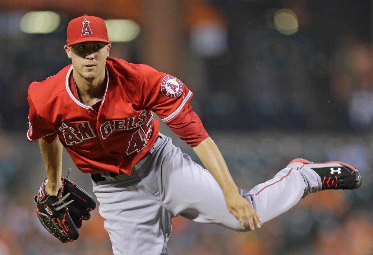 Angels starter Tyler Skaggs had a no-hitter going through 4 2/3 innings because of tightness in his left forearm. The Angels dropped the Baltimore Orioles, 1-0, in 13 innings.