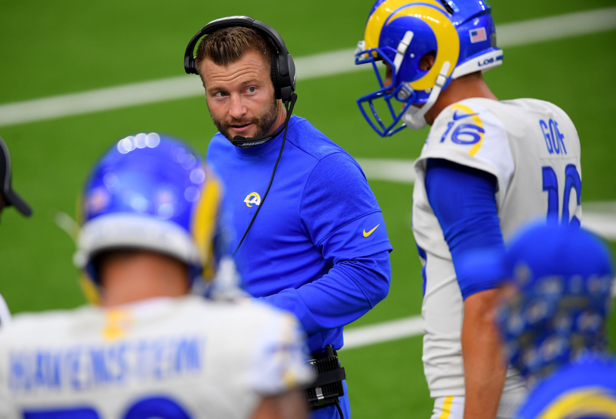 Rams coach Sean McVay speaks with quarterback Jared Goff during a team scrimmage at SoFi Stadium in August.