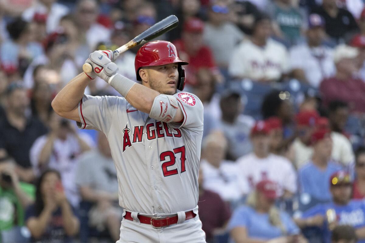 Angels star Mike Trout bats against the Philadelphia Phillies on June 4.