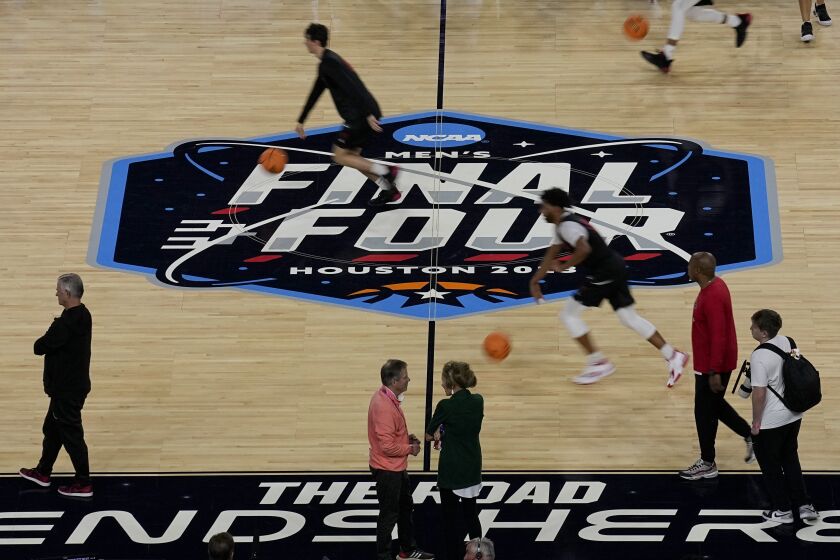 San Diego State practices for their Final Four college basketball game in the NCAA Tournament on Friday, March 31, 2023, in Houston. San Diego State and Florida Atlantic play on Saturday. (AP Photo/Godofredo A. Vasquez)