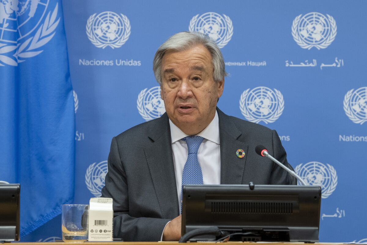 In this photo provided by the United Nations, Secretary-General Antonio Guterres briefs reporters during the 75th session of the United Nations General Assembly, Tuesday, Sept. 29, 2020, at U.N. headquarters in New York. (Rick Bajornas/UN Photo via AP)