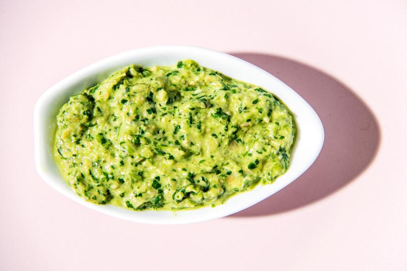 LOS ANGELES, CA - AUGUST 04: Cilantro-scallion paste recipe in studio on Tuesday, Aug. 4, 2020 in Los Angeles, CA. (Mariah Tauger / Los Angeles Times)